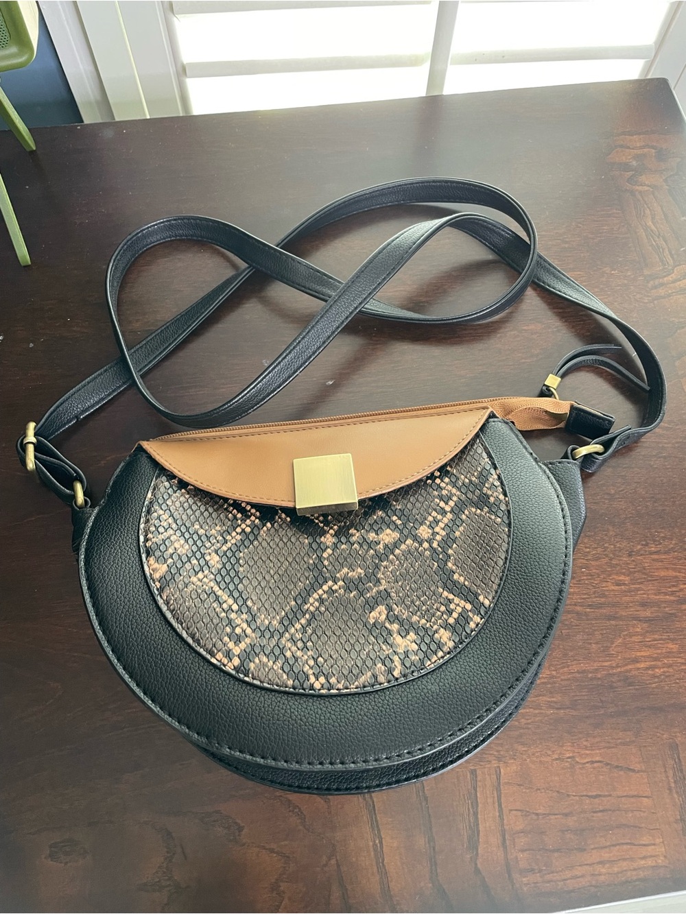 Black & Tan Snake-Accent Crossbody Bag